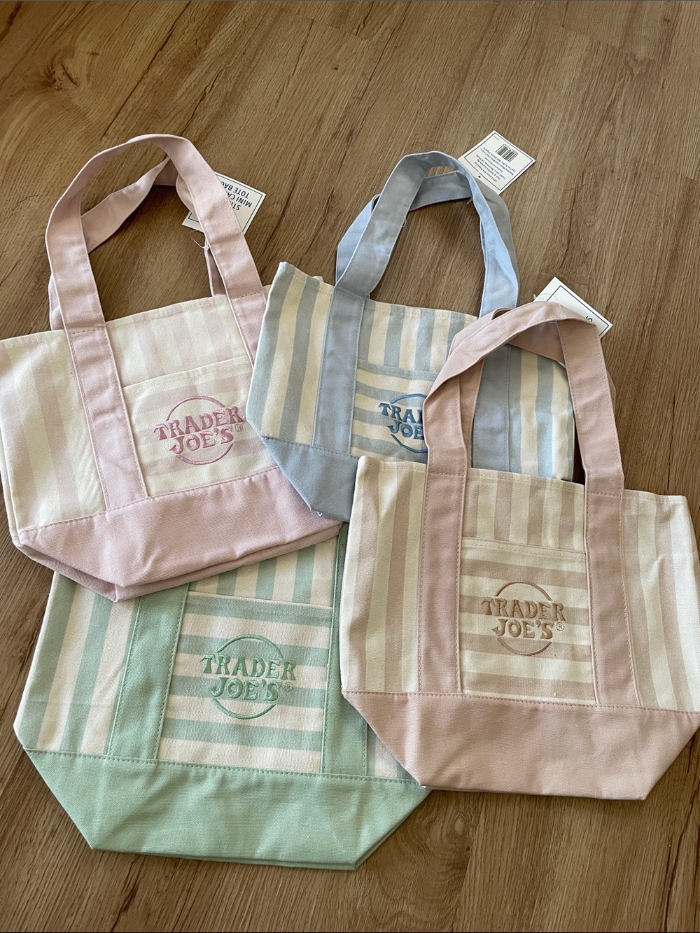 4 Trader Joe’s Pastel mini Stripe Canvas Tote — Pink, Blue, Green, Beige NWT - Picture 2 of 5